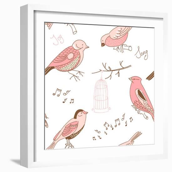 Seamless Background Made of Cute Hand-Drawn Bird Doodles-Alisa Foytik-Framed Art Print