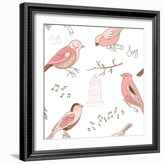 Seamless Background Made of Cute Hand-Drawn Bird Doodles-Alisa Foytik-Framed Art Print