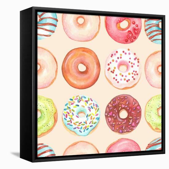 Seamless Background of Watercolor Colorful Donuts Glazed.-Nikiparonak-Framed Stretched Canvas
