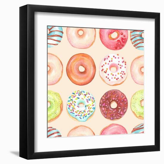 Seamless Background of Watercolor Colorful Donuts Glazed.-Nikiparonak-Framed Art Print