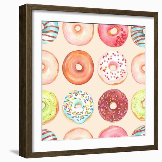 Seamless Background of Watercolor Colorful Donuts Glazed.-Nikiparonak-Framed Art Print