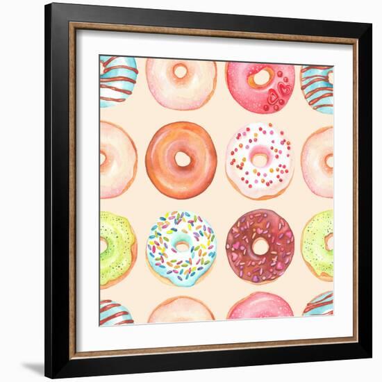 Seamless Background of Watercolor Colorful Donuts Glazed.-Nikiparonak-Framed Art Print