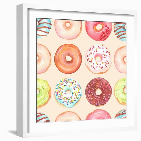 Seamless Background of Watercolor Colorful Donuts Glazed.-Nikiparonak-Framed Art Print