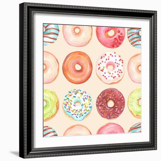 Seamless Background of Watercolor Colorful Donuts Glazed.-Nikiparonak-Framed Art Print