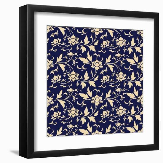 Seamless Background Retro Navy Blue Botanic Garden Flower Vine Chintz-Phoebe Yu-Framed Art Print