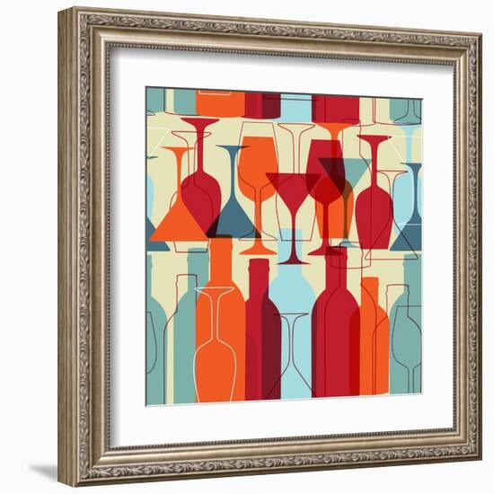 Seamless Background with Wine Bottles and Glasses. Bright Colors Wine Pattern for Web, Poster, Text-mcherevan-Framed Art Print