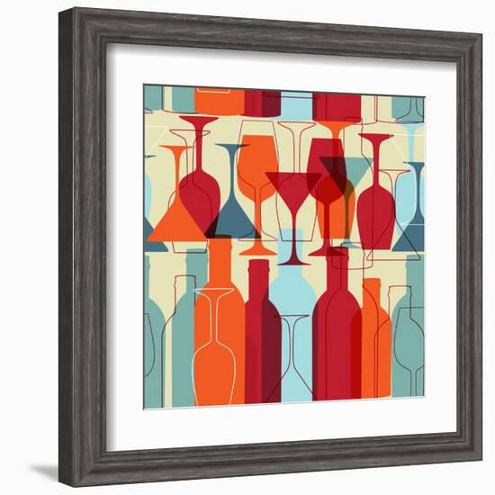 Seamless Background with Wine Bottles and Glasses. Bright Colors Wine Pattern for Web, Poster, Text-mcherevan-Framed Art Print