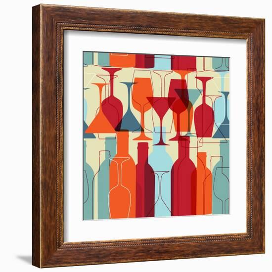 Seamless Background with Wine Bottles and Glasses. Bright Colors Wine Pattern for Web, Poster, Text-mcherevan-Framed Art Print