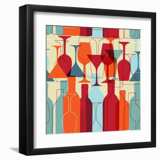 Seamless Background with Wine Bottles and Glasses. Bright Colors Wine Pattern for Web, Poster, Text-mcherevan-Framed Art Print