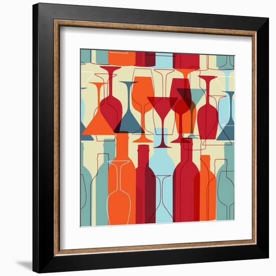 Seamless Background with Wine Bottles and Glasses. Bright Colors Wine Pattern for Web, Poster, Text-mcherevan-Framed Art Print