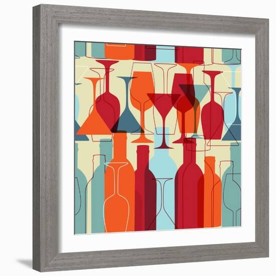 Seamless Background with Wine Bottles and Glasses. Bright Colors Wine Pattern for Web, Poster, Text-mcherevan-Framed Art Print