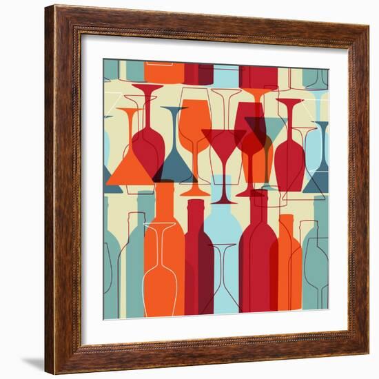 Seamless Background with Wine Bottles and Glasses. Bright Colors Wine Pattern for Web, Poster, Text-mcherevan-Framed Art Print