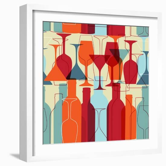 Seamless Background with Wine Bottles and Glasses. Bright Colors Wine Pattern for Web, Poster, Text-mcherevan-Framed Art Print