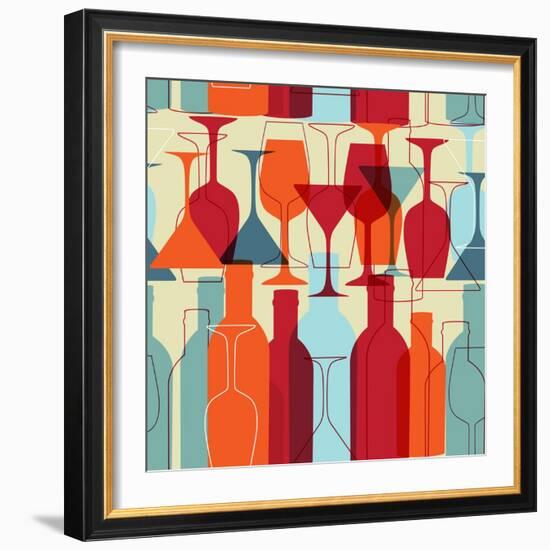 Seamless Background with Wine Bottles and Glasses. Bright Colors Wine Pattern for Web, Poster, Text-mcherevan-Framed Art Print