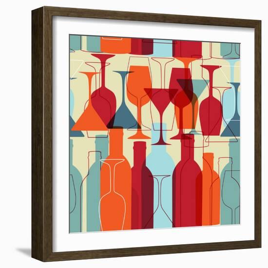 Seamless Background With Wine Bottles And Glasses-mcherevan-Framed Art Print