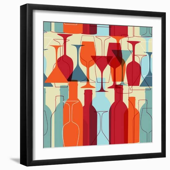 Seamless Background With Wine Bottles And Glasses-mcherevan-Framed Art Print