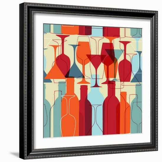 Seamless Background With Wine Bottles And Glasses-mcherevan-Framed Art Print