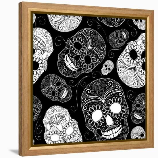 Seamless Black and White Background with Skulls-Alisa Foytik-Framed Stretched Canvas