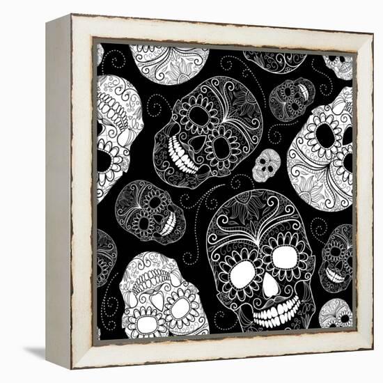 Seamless Black and White Background with Skulls-Alisa Foytik-Framed Stretched Canvas