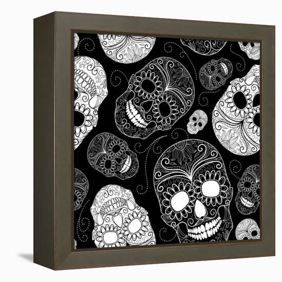 Seamless Black and White Background with Skulls-Alisa Foytik-Framed Stretched Canvas