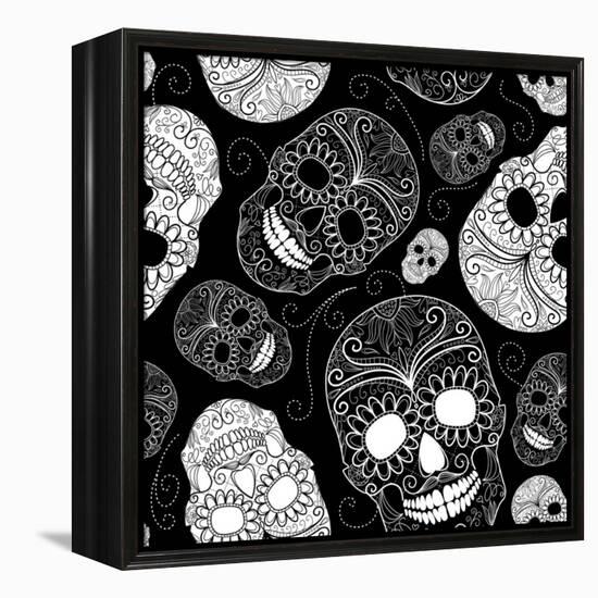 Seamless Black and White Background with Skulls-Alisa Foytik-Framed Stretched Canvas