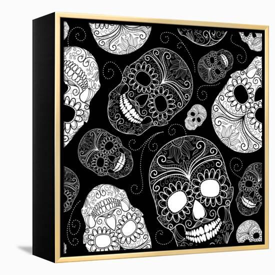 Seamless Black and White Background with Skulls-Alisa Foytik-Framed Stretched Canvas