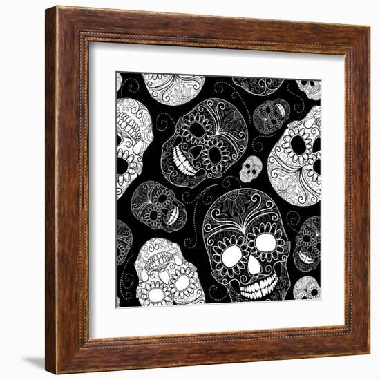 Seamless Black and White Background with Skulls-Alisa Foytik-Framed Art Print