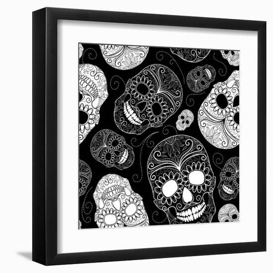 Seamless Black and White Background with Skulls-Alisa Foytik-Framed Art Print