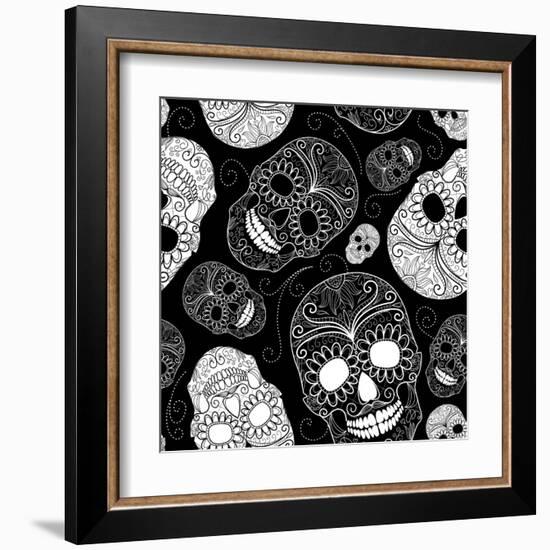 Seamless Black and White Background with Skulls-Alisa Foytik-Framed Art Print