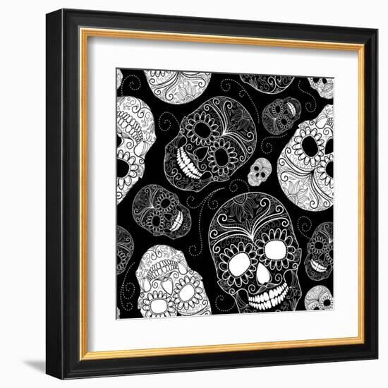 Seamless Black and White Background with Skulls-Alisa Foytik-Framed Art Print