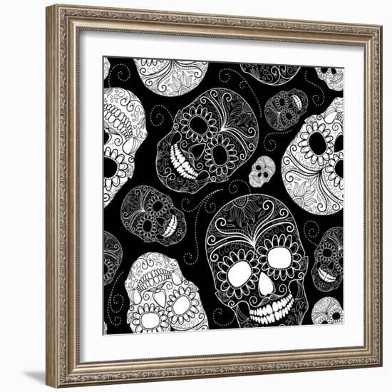 Seamless Black and White Background with Skulls-Alisa Foytik-Framed Art Print