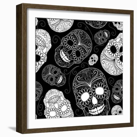 Seamless Black and White Background with Skulls-Alisa Foytik-Framed Art Print