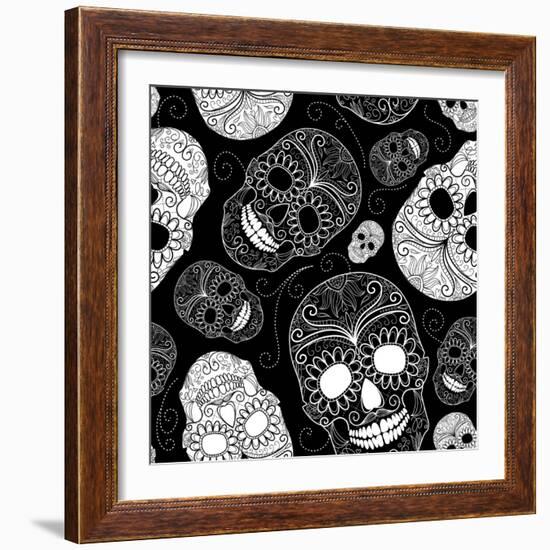 Seamless Black and White Background with Skulls-Alisa Foytik-Framed Art Print