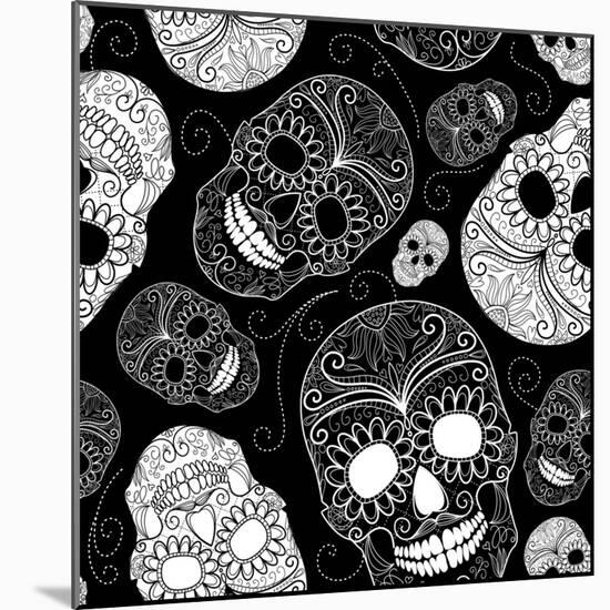 Seamless Black and White Background with Skulls-Alisa Foytik-Mounted Art Print