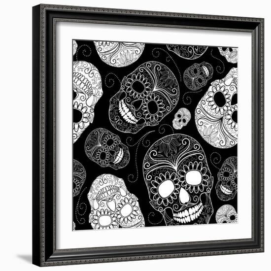 Seamless Black and White Background with Skulls-Alisa Foytik-Framed Art Print