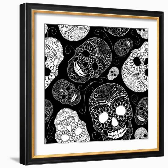 Seamless Black and White Background with Skulls-Alisa Foytik-Framed Art Print