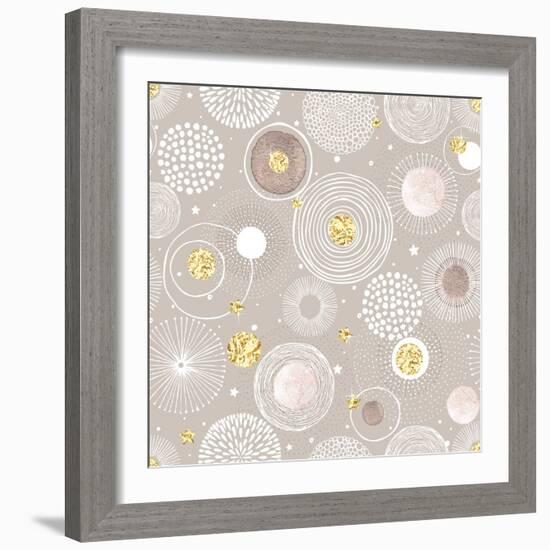 Seamless Christmas Background with Doodle Circles Randomly Distributed, Golden Foil Circles, Waterc-Nikiparonak-Framed Art Print