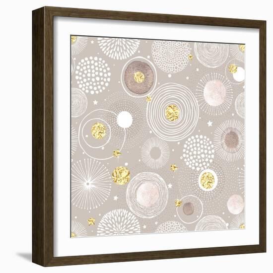 Seamless Christmas Background with Doodle Circles Randomly Distributed, Golden Foil Circles, Waterc-Nikiparonak-Framed Art Print