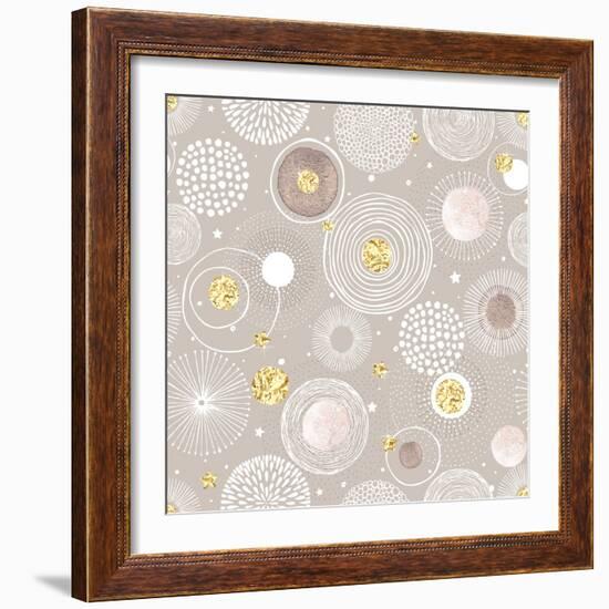 Seamless Christmas Background with Doodle Circles Randomly Distributed, Golden Foil Circles, Waterc-Nikiparonak-Framed Art Print