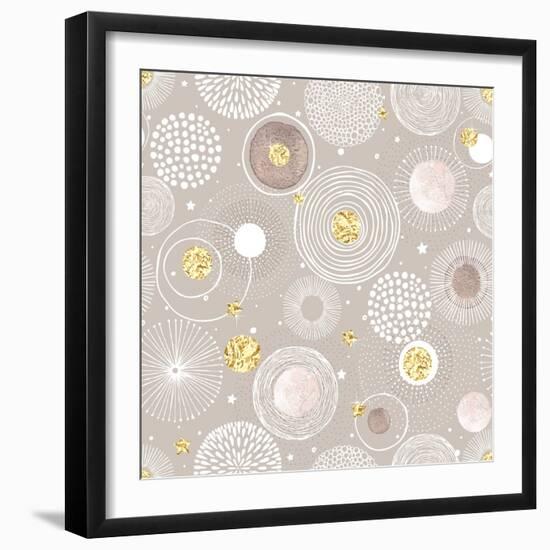 Seamless Christmas Background with Doodle Circles Randomly Distributed, Golden Foil Circles, Waterc-Nikiparonak-Framed Art Print