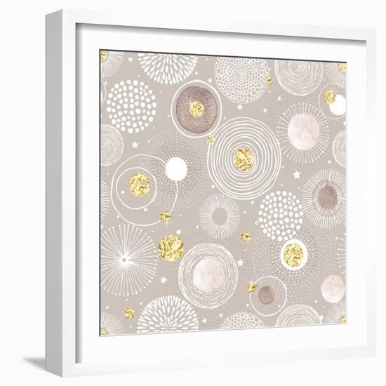 Seamless Christmas Background with Doodle Circles Randomly Distributed, Golden Foil Circles, Waterc-Nikiparonak-Framed Art Print