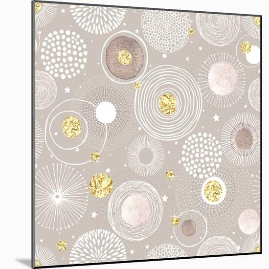 Seamless Christmas Background with Doodle Circles Randomly Distributed, Golden Foil Circles, Waterc-Nikiparonak-Mounted Art Print