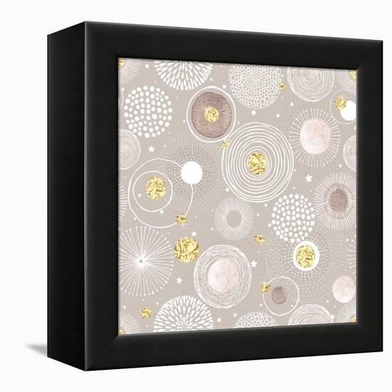 Seamless Christmas Background with Doodle Circles Randomly Distributed, Golden Foil Circles, Waterc-Nikiparonak-Framed Stretched Canvas