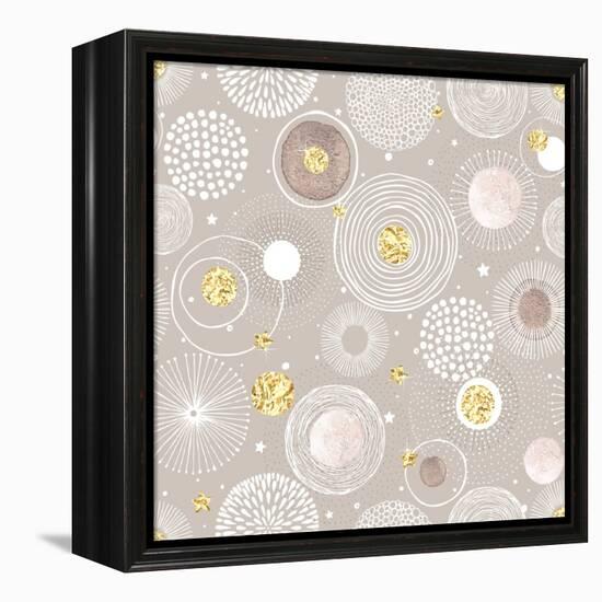 Seamless Christmas Background with Doodle Circles Randomly Distributed, Golden Foil Circles, Waterc-Nikiparonak-Framed Stretched Canvas