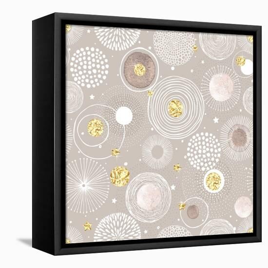 Seamless Christmas Background with Doodle Circles Randomly Distributed, Golden Foil Circles, Waterc-Nikiparonak-Framed Stretched Canvas