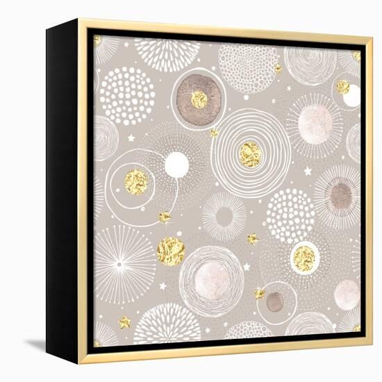 Seamless Christmas Background with Doodle Circles Randomly Distributed, Golden Foil Circles, Waterc-Nikiparonak-Framed Stretched Canvas
