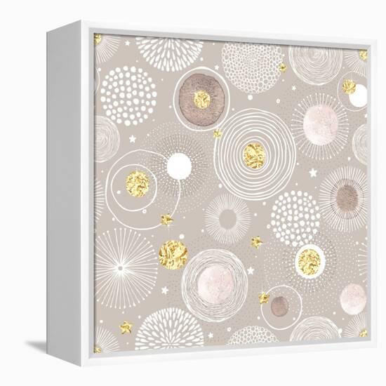 Seamless Christmas Background with Doodle Circles Randomly Distributed, Golden Foil Circles, Waterc-Nikiparonak-Framed Stretched Canvas