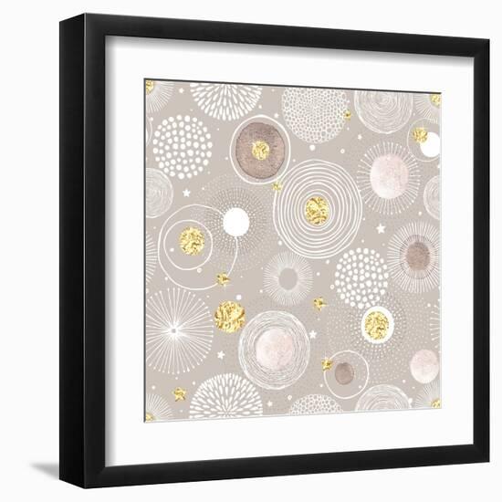 Seamless Christmas Background with Doodle Circles Randomly Distributed, Golden Foil Circles, Waterc-Nikiparonak-Framed Art Print