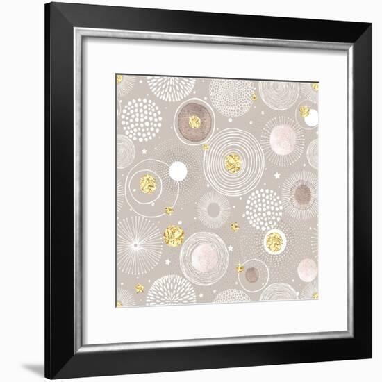 Seamless Christmas Background with Doodle Circles Randomly Distributed, Golden Foil Circles, Waterc-Nikiparonak-Framed Premium Giclee Print