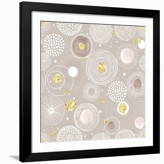 Seamless Christmas Background with Doodle Circles Randomly Distributed, Golden Foil Circles, Waterc-Nikiparonak-Framed Art Print